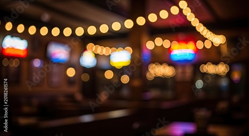 Defocused bokeh background of a cozy bar with glowing string lights at night.