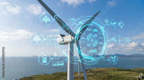 Innovative wind energy solutions offshore turbine technology coastal area digital imagery aerial view renewable energy concept