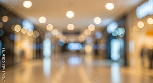 Blurred background of a modern shopping mall interior with bokeh lights.