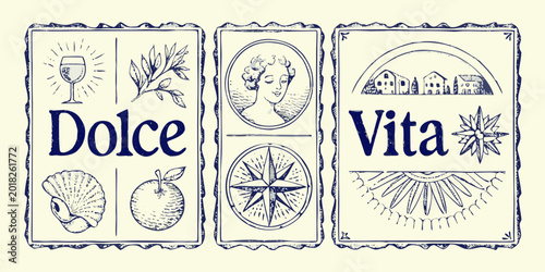 Fotografie Vintage italian travel emblems set hand drawn vector illustration