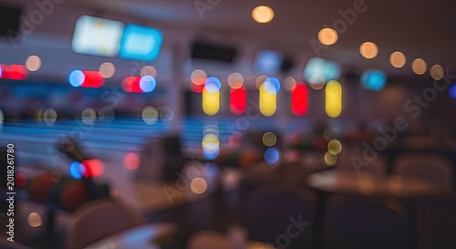 Abstract blurred background of a vibrant bowling alley with colorful bokeh lights.