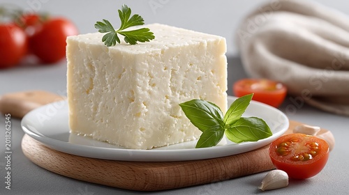 White cheese block sits on a plate. Fresh basil leaves add a touch of green. Cherry tomatoes surround the cheese. Wooden board rests beneath the dish. Soft fabric drapes softly in the background