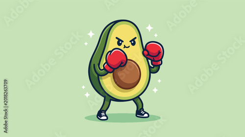 Картината върху платно Cute Avocado Character Wearing Boxing Gloves Ready to Fight.
