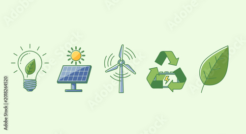 Eco friendly energy sources illustration solar panel wind turbine recycle symbol