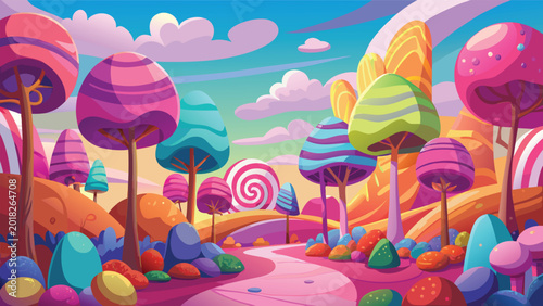 Cuadro en lienzo Colorful candy forest landscape with lollipop trees and a sweet pink path in a f