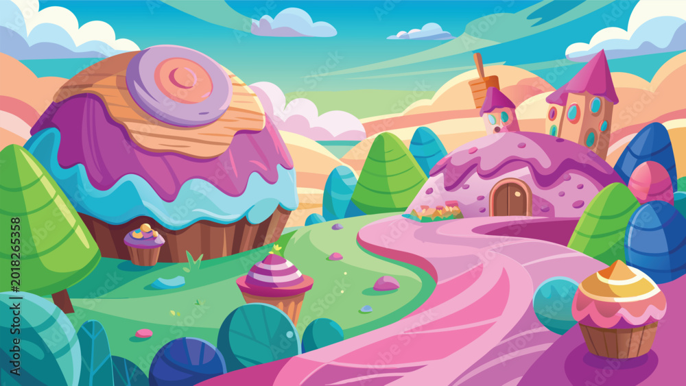Obraz premium Fantasy candy land landscape with sweet cupcake houses and a winding pink path under blue sky Vector