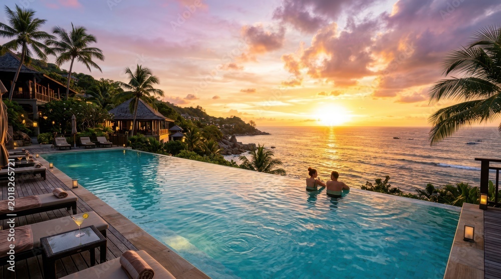 Fototapeta premium Romantic couple enjoys sunset view from infinity pool at tropical luxury resort