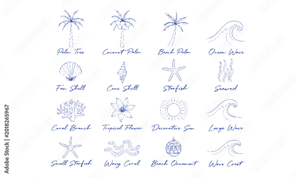 Obraz premium Hand Drawn Tropical Seaside Decorative Beach Elements Vector Pack.