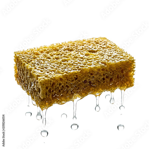 Yellow Porous Sponge with Dripping Clear Water Drops