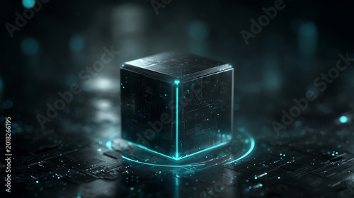 Minimal Futuristic Cyber Security Cube Floating in Dark Digital Space