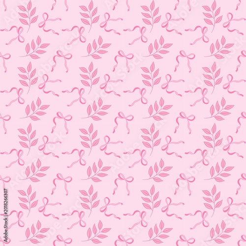 Cute Pink Bow and Leaf Seamless Pattern on Pastel Background