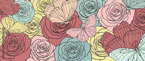 Morandi color rose and butterfly line art illustration, seamless tile background, gentle vintage floral pattern material