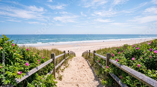 Scenic Wooden Boardwalk Pathway Through Wild Roses Leading To Sandy Beach And Ocean