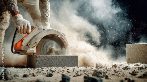 A worker uses a power saw to cut a block on a construction site. Dust and debris fill the air as the saw blade moves through the material