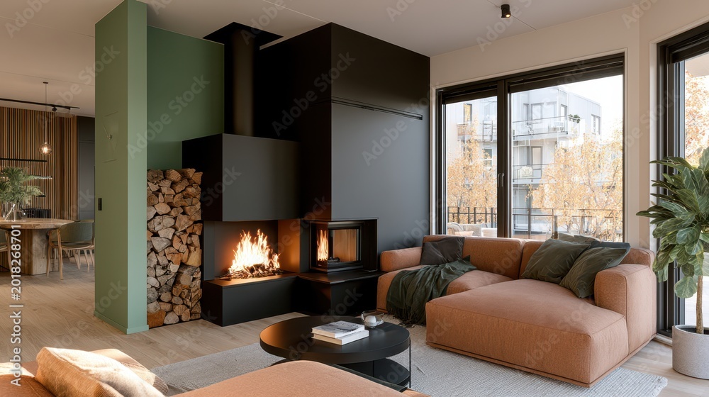 Obraz premium Modern living room with a striking black fireplace and cozy seating area