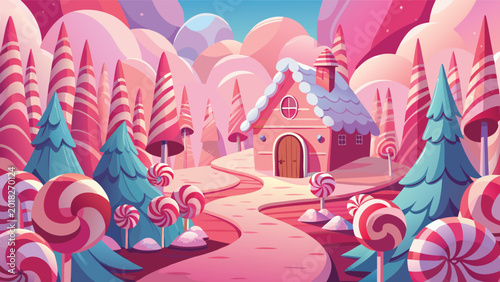 Fotografía Cute small house in a magical candy forest with lollipops and sweet treats in pi