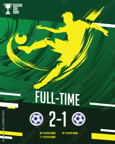 Football match full time score banner, poster and social media post design template with green color