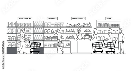 Tableau sur toile Supermarket aisle scene with shoppers and grocery shelves line art