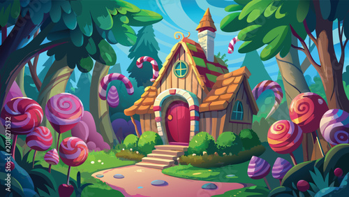 Bild auf Leinwand Magical candy house in a fantasy forest with sweet lollipops and colorful trees
