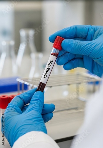 Laboratory worker handling Hantavirus blood test tube