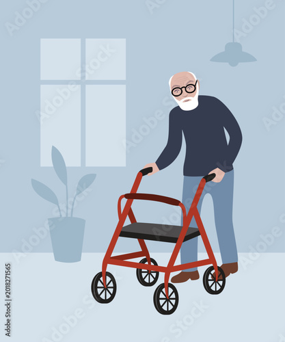 Elderly man using collator at home – senior mobility and independent living illustration.