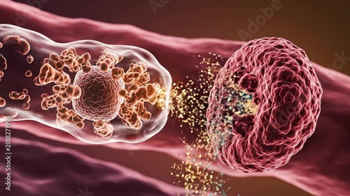 Precision Medicine CAR-T Cell Therapy Targeted Oncology Immunotherapy Attacking Cancer Cell in Bloodstream Particle Release Macroscopic 3D Animation Copy Space