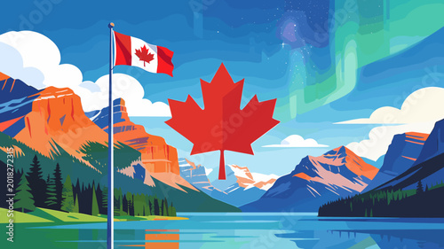 Tableau sur toile A vibrant illustration of a Canadian landscape featuring a waving flag, a prominent maple leaf, majestic mountains, a serene lake, and the Northern Lights