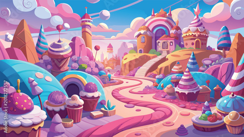 Foto Magical candy land with a sweet cupcake castle and pink winding path in a fantas
