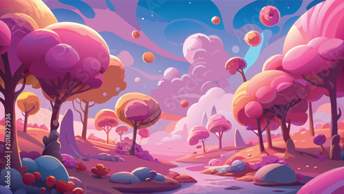 Картината върху платно Fantasy forest landscape with pink trees and floating orbs under a colorful suns