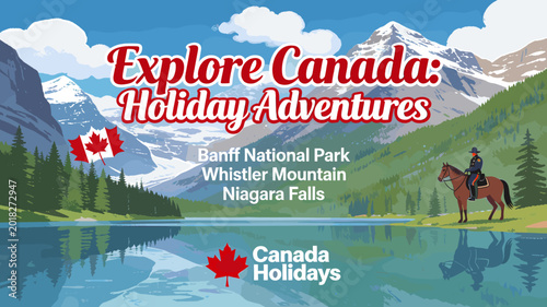 Fotografi An illustrative landscape promoting Canadian holiday adventures, featuring majestic mountains, a serene lake, a rider on horseback, and iconic destinations like Banff and Niagara Falls