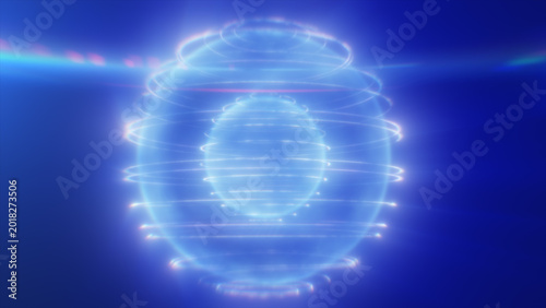 Violet holographic sphere with layered rings and inner glowing core, dreamy sci-fi abstract background with soft flare