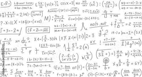 Photography Handwritten mathematical equations and formulas scattered across a white backgro