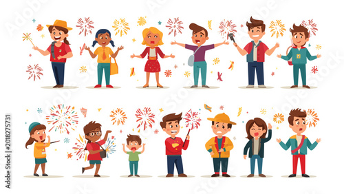 Canvastavla Celebration of Childhood: A vibrant collection of cartoon children expressing diverse emotions of joy and excitement, some holding sparklers and others surrounded by festive fireworks