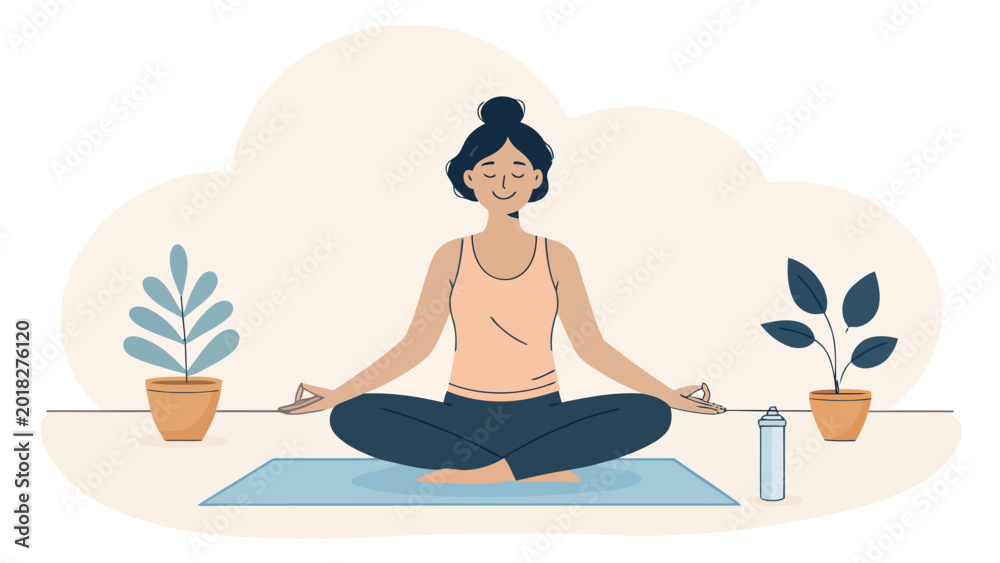 Obraz premium Smiling woman practices yoga on a blue mat with plants and a water bottle nearby in a serene minimalist setting