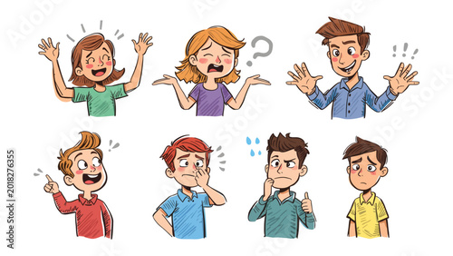 Cuadro en lienzo Diverse Emotions Displayed: A collection of expressive illustrations depict children and young adults showcasing a range of emotions from excitement and confusion to worry and confidence