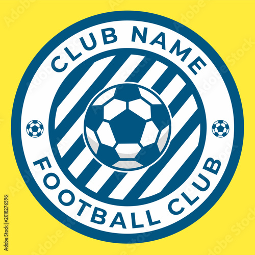 A minimalist football club logo vector illustration featuring a central soccer ball, dynamic blue diagonal stripes, and a circular frame. Ideal for sports team identities, badges, and tournament icons