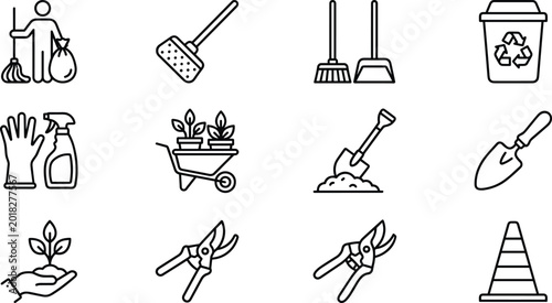 Tableau sur toile Comprehensive Gardening and Cleaning Service Icon Set Featuring Broom, Shovel, W