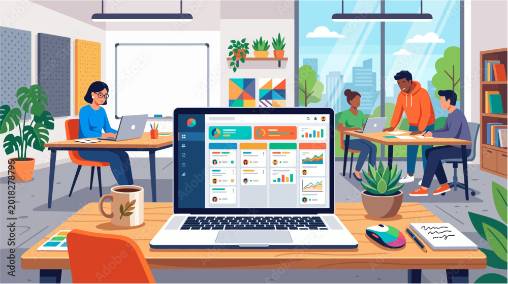 Fototapeta premium Laptop displaying project task management dashboard with colorful progress bars and team activity in a modern office interior