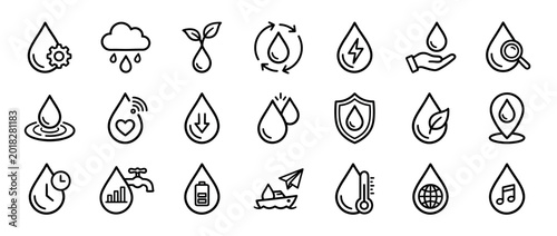 Large set of water drop line icons combined with various symbols for ecology, technology, conservation, and purity, presented as a clean and modern vector pictogram collection
