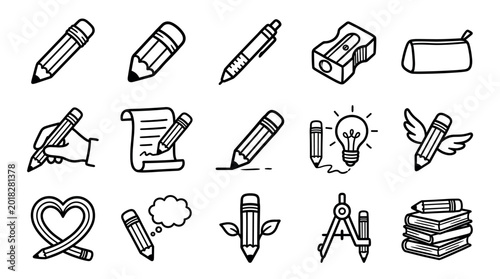 Collection of black and white pencil icons in a hand-drawn doodle style representing education, creativity, and writing with a sharpener, books, and a lightbulb