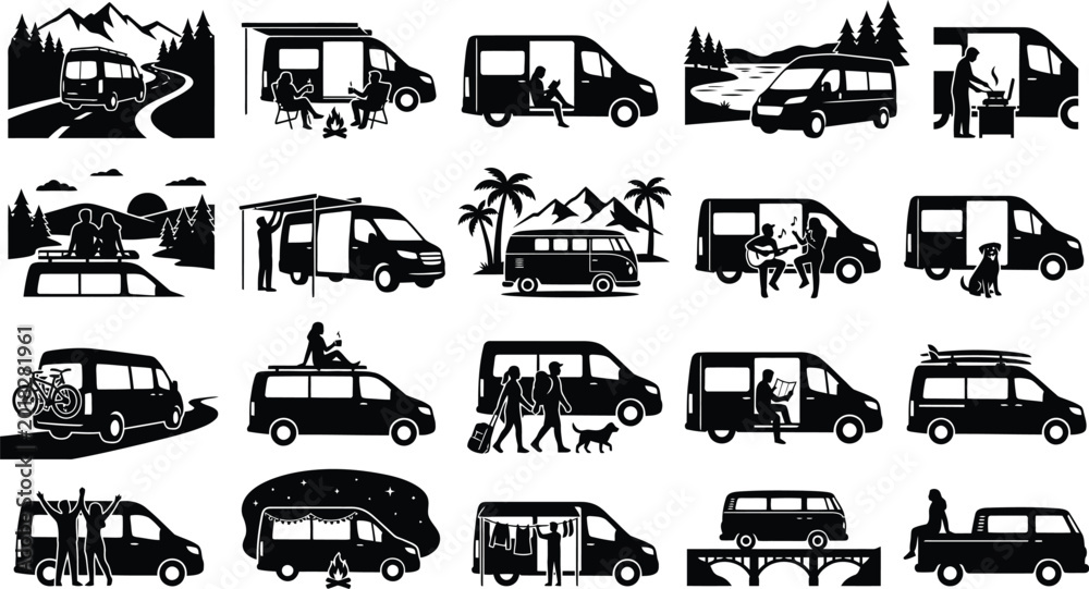 Obraz premium Modern camping vans in various outdoor scenes isolated on white background, Vector