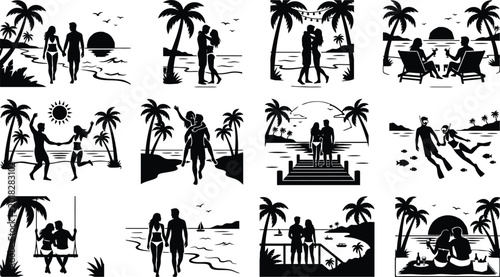 Fotografía Couples enjoying tropical beach vacation activities isolated on white background