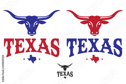 Vintage Texas longhorn designs with red/blue decorative lettering, state outline, and stars. Perfect for t-shirts, logos, Western wear, ranch branding, and Texas pride merchandise.