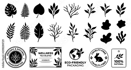 Tableau sur toile Abstract Botanical Black Leaves Icon Set Vector Illustration