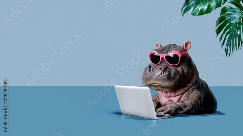 Hippo wears pink sunglasses, sits at laptop. Blue backdrop, green leaf in corner. Focus on calm, humorous, tech-savvy vibe. Perfect for modern, quirky, or office-themed visuals. Animal: hippopotamus