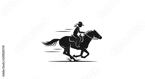 Cowboy Riding Horse at Full Gallop Black Silhouette Vector Illustration
