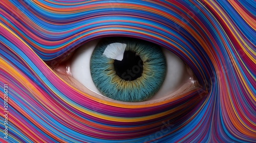 Vibrant colors swirl around a vivid green eye. The eye gazes directly, holding intense focus. Patterns pulse with rainbow hues, creating surreal movement. It feels alive, mysterious