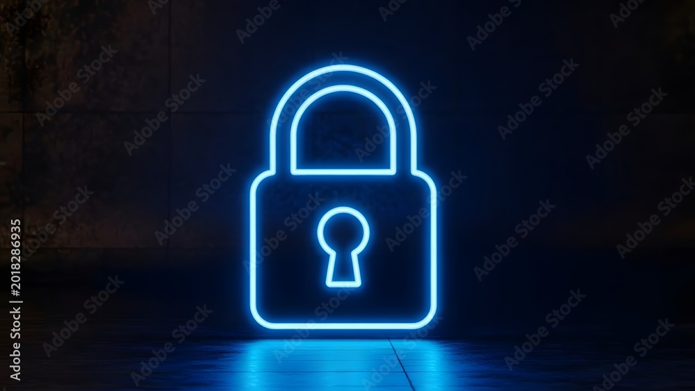 Fototapeta premium Closed padlock outline neon sign with blurred bokeh background as clean cutout