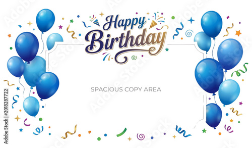 Happy birthday greeting vector template with blue balloons confetti and festive celebration design