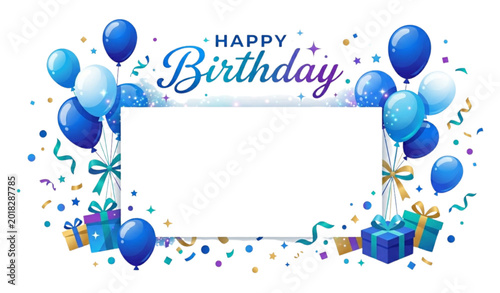 Modern birthday celebration vector banner with blue balloons confetti and white copy space